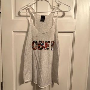 Obey Heather White Graphic Tank Top Size Small